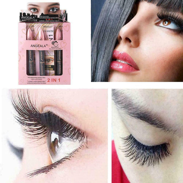2 IN 1 Black Waterproof Mascara Volume 4D Silk Fiber Lash Color Make-up Eas Z6C8