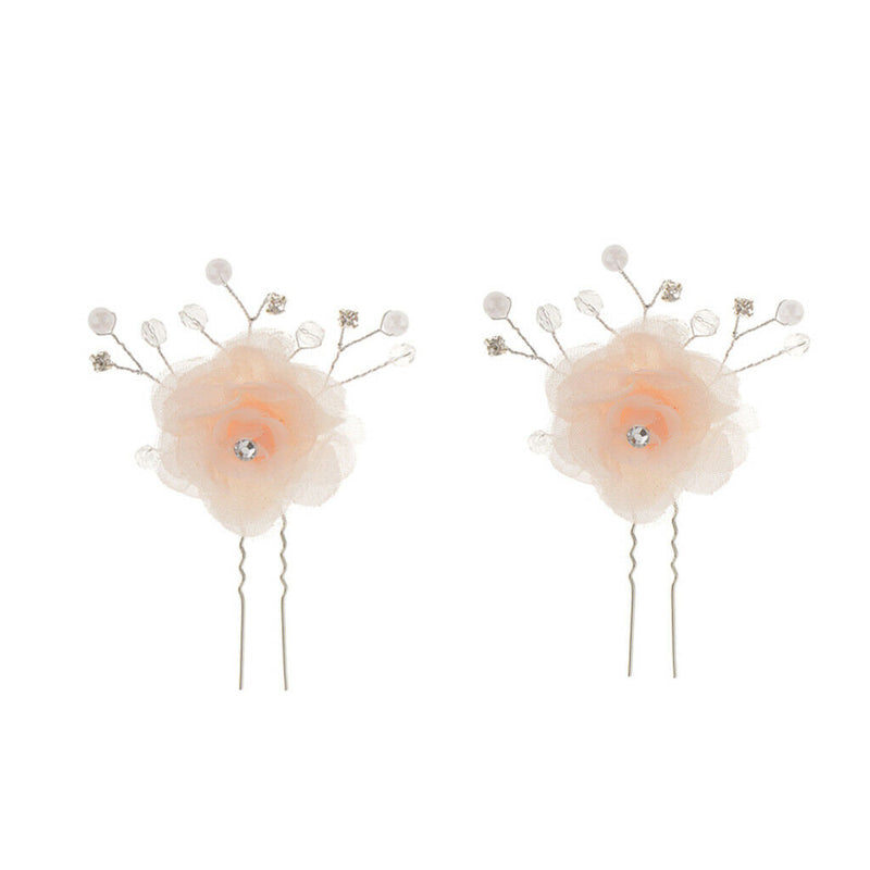 2pcs Wedding Bridal Lace Flower Crystal Beads Pearls Hairpins Hair Clips