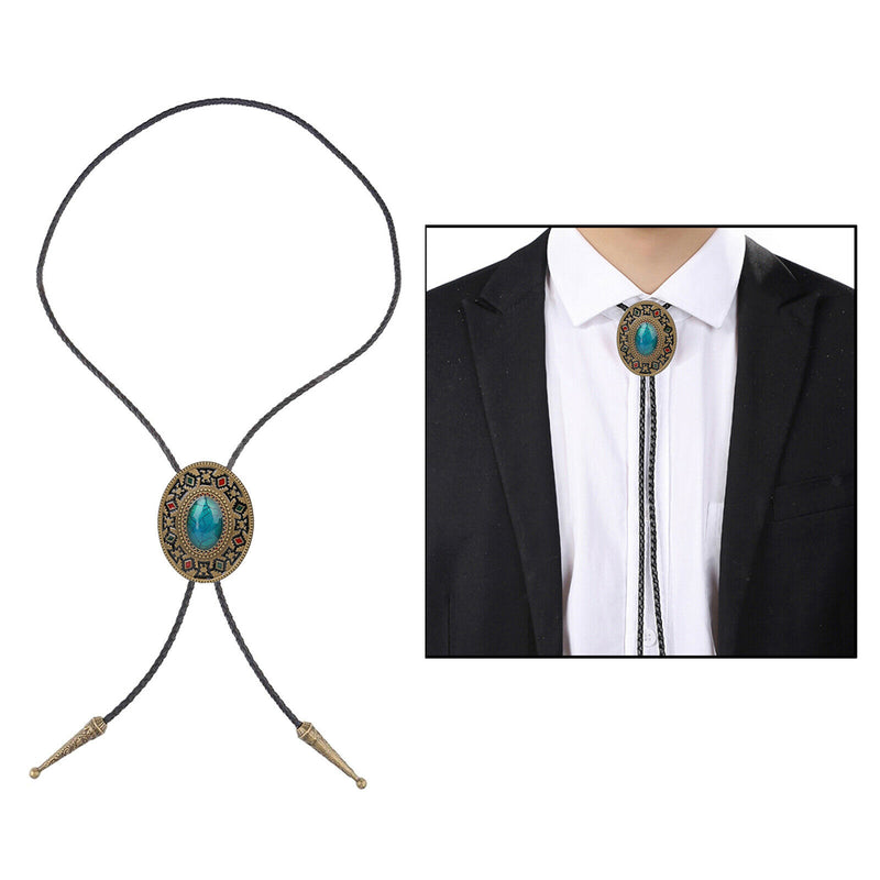 Men Bolo Tie Necklace Turquoise Stone Western Cowboy PU Leather Rope Necktie