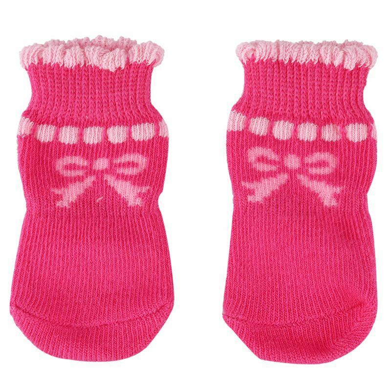 Pet Puppy Dog Bowknot Cotton Socks Anti-Slip Paw Protectors 4pcs/set M Pink Q3Q2