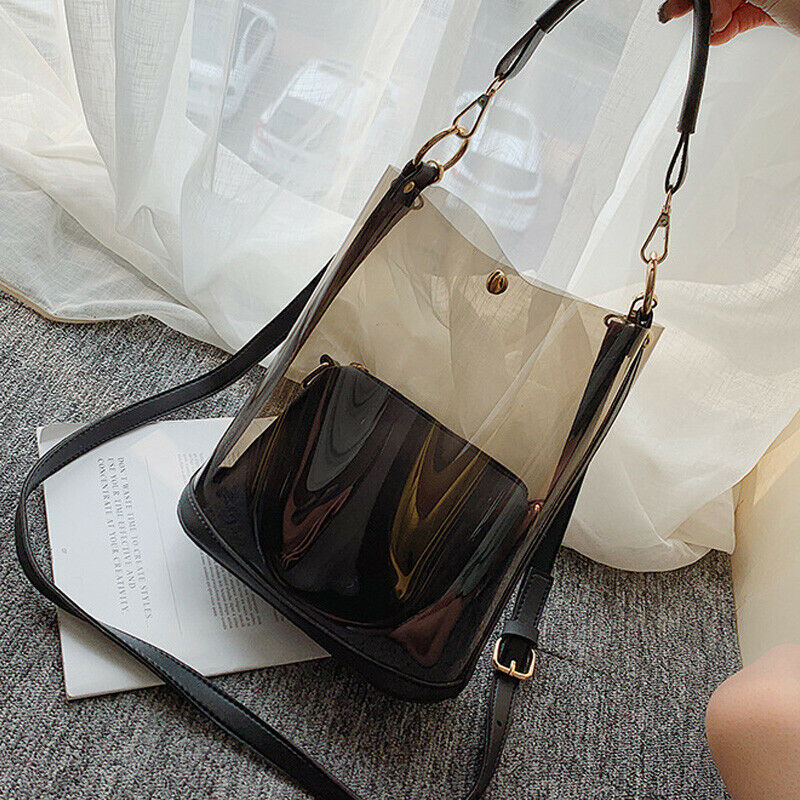 Fashion 2Pcs Transparent Pvc Ladies Shoulder Bag Summer Beach Large Handbag A9E9