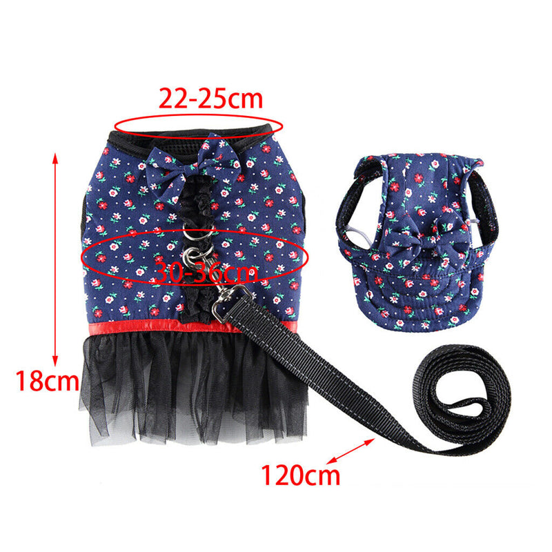 Pet Dog Vest Harness with Hat Pet Costume Party Clothes Blue Dot Flower-XS