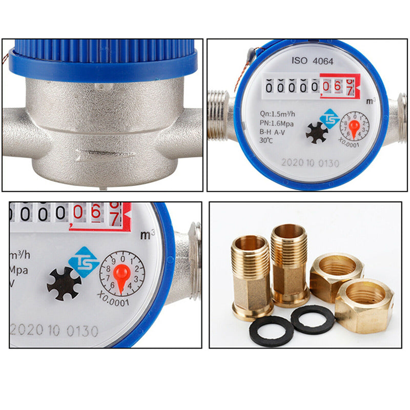 Cold Water Meter Water Flow Measure 1/2" BSP with Fittings Home, Garden