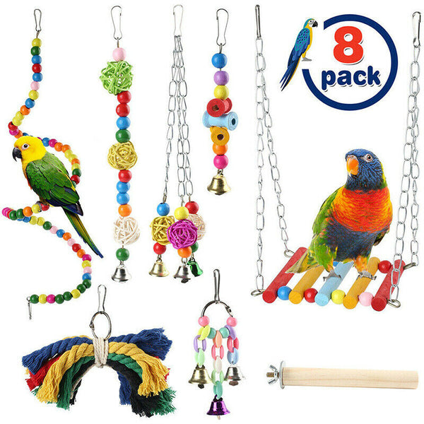 8pcs Bird Parrot Swing Toys Chewing Hanging Hammock Bell Pet Climbing Ladder Kw