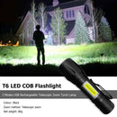 T6 LED COB Flashlight 3 Modes USB Rechargeable Telescopic Zoom Torch Lamp Light