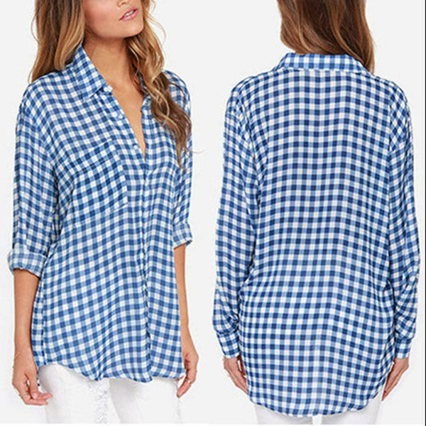 Cotton Plaid Long Sleeve T-shirt Lapel Single-breasted Women Blouse (S)