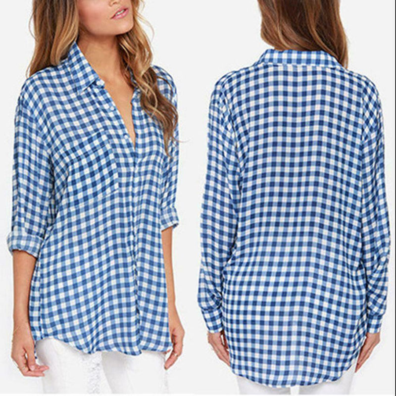 Cotton Plaid Long Sleeve T-shirt Lapel Single-breasted Women Blouse (S)