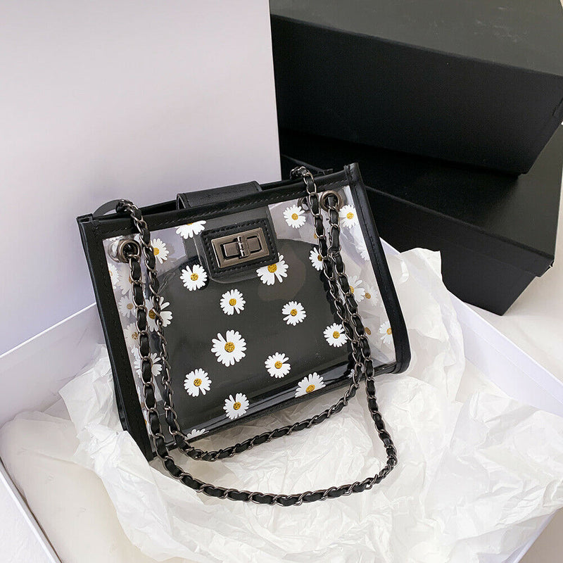 2pcs/Set Women Clear PVC Shoulder Bag PU Daisy Clutch Handbags (Black)