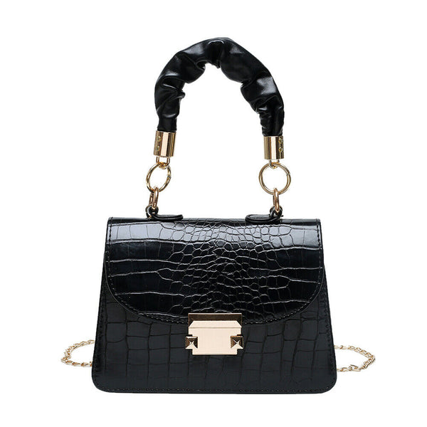 Alligator PU Shoulder Bag Women Pleated Totes Retro Chain Handbag (Black)