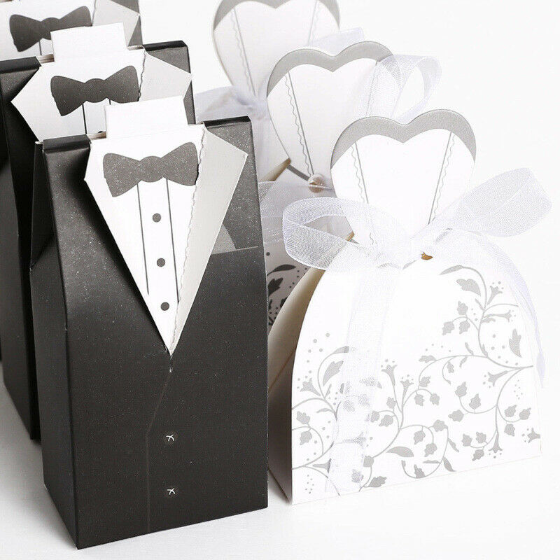 100pcs Wedding Favor Boxes Dress Tuxedo Party Candy Gift Bride Groom Shower ZET