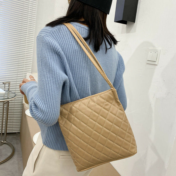 Women Lattice Pattern Shoulder Underarm Bags PU Portable Handbag (Khaki)