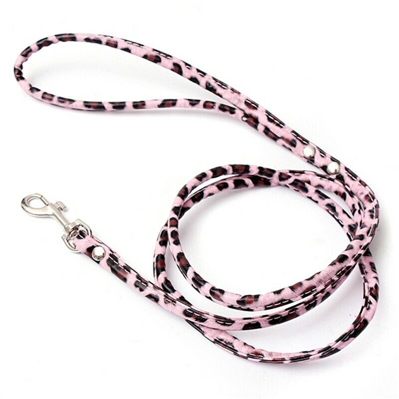 Leopard-pink leather leash for small dog cat pet 1cmX120cm O4I3