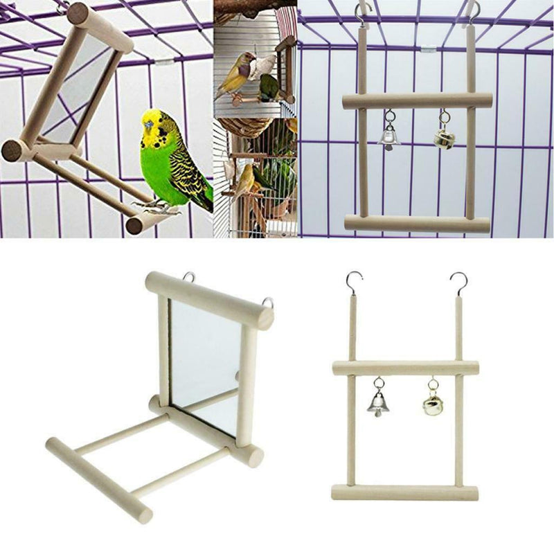 2pcs Wooden Parrot Cage Mirror Toys Bird Ladder Swing Bird Playground Stand