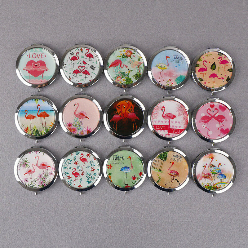 Women makeup compact pocket flamingo mirrors portable double-side folding mirrJR