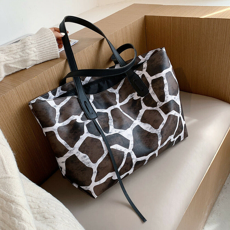 Women Leopard Handbags Fashion PU Leather Large Capacity Shoulder Tote Bag