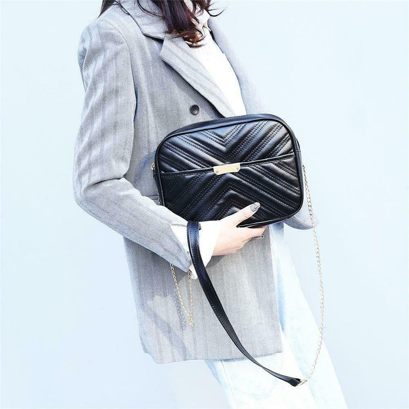 Women Simple Leather Crossbody Bag Chain Shoulder Messenger Handbag (Black) A