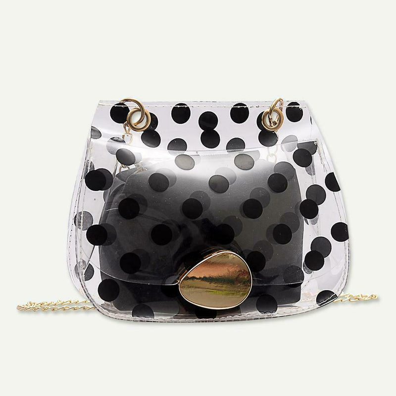 2pcs/set Dot Print Clear Shoulder Handbags Women Crossbody Clutch (Black) A