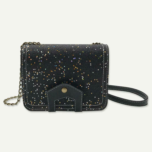 Sequins Bags Leather Splicing Women Shoulder Crossbody Square Bag (Black) A#S