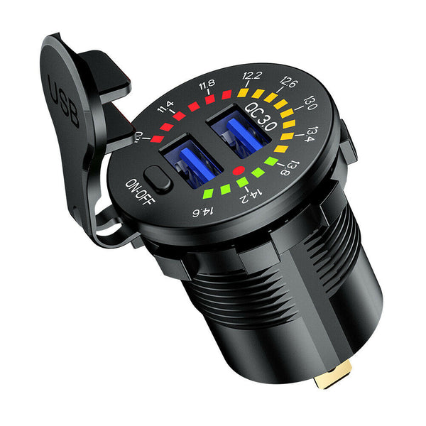 Car Motorcycle Dual USB Charger QC3.0 Power Socket with Switch + Wires