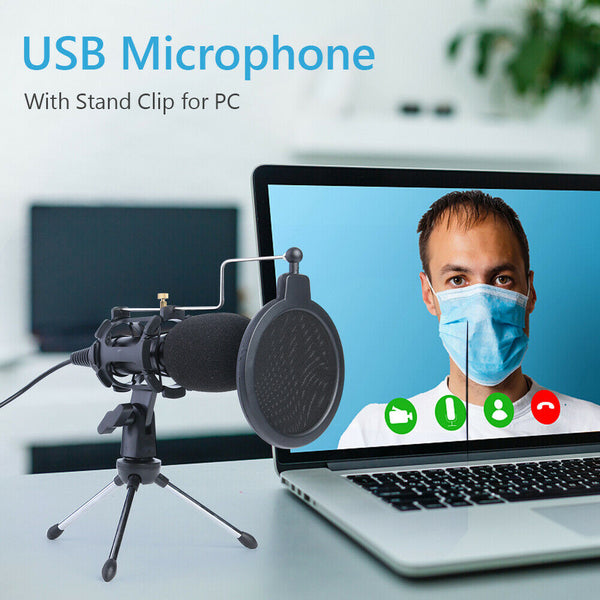 USB Microphone Wired Condenser Microphone Studio Mic with Stand Clip for PC