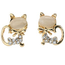 Cat Eye Stone Diamond Shiny Kitty Cute Small Animal Earrings (White) A