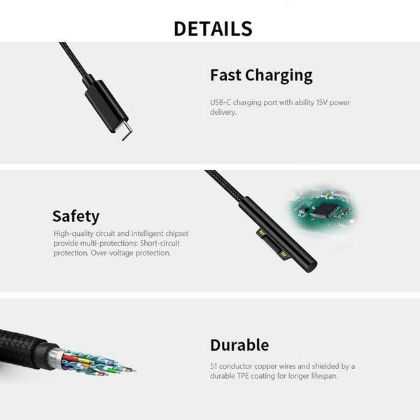 Nylon Braided USB-C Charging Cable for Surface Pro 6/5/4/3 Surface Laptop 1 H5X7