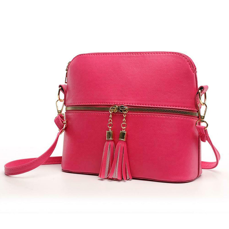 Tassel Shell Messenger Women Leather Handbags Solid Shoulder Bags (Rose Red