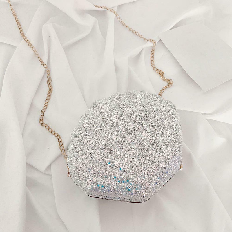 Cute Sequin Shoulder Handbags Women Small Chain Shell Crossbody Bag (White)