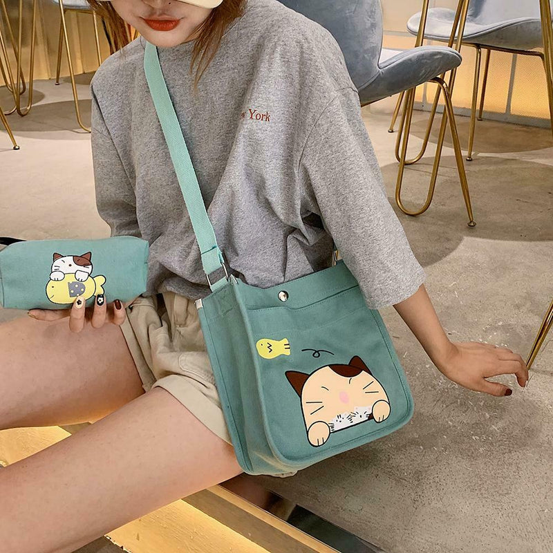 2pcs/set Women Canvas Cat Print Shoulder Crossbody Handbags Pen Bag (Green)