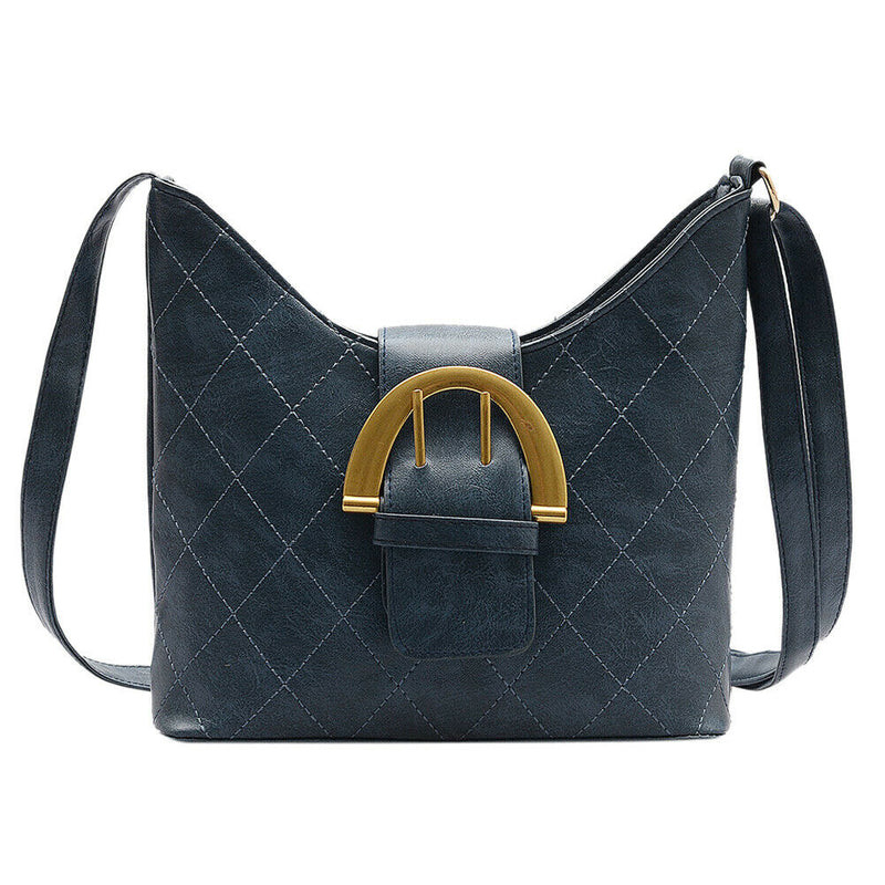 Retro Women Messenger Bag Leather Lattice Shoulder Bucket Handbag (Blue)
