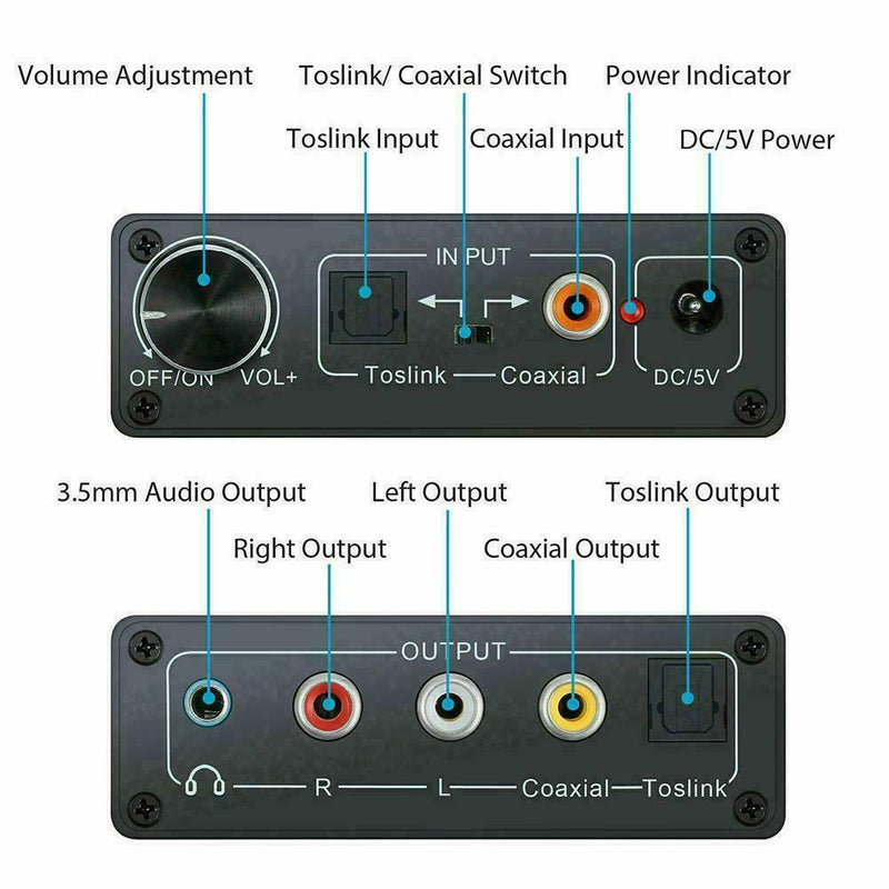 Optical Toslink Coaxial Digital to Analog Audios Converter AUX Adapter Jack N1K3