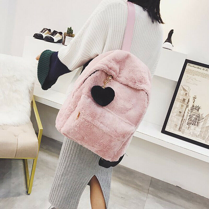 Women Soft Faux Fur Plush Backpack Shoulder Bag Fluffy School Bag with Hear N8C9