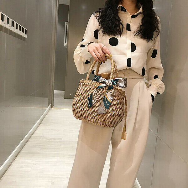 Retro Women Girls Hollow Straw Handbags Beach Handmade Woven Drawstring Totes