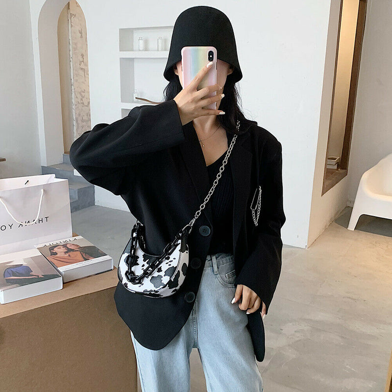 Women Animal Printed Crossbody Bag Crescent Chain Shoulder Handbag (Cow) A