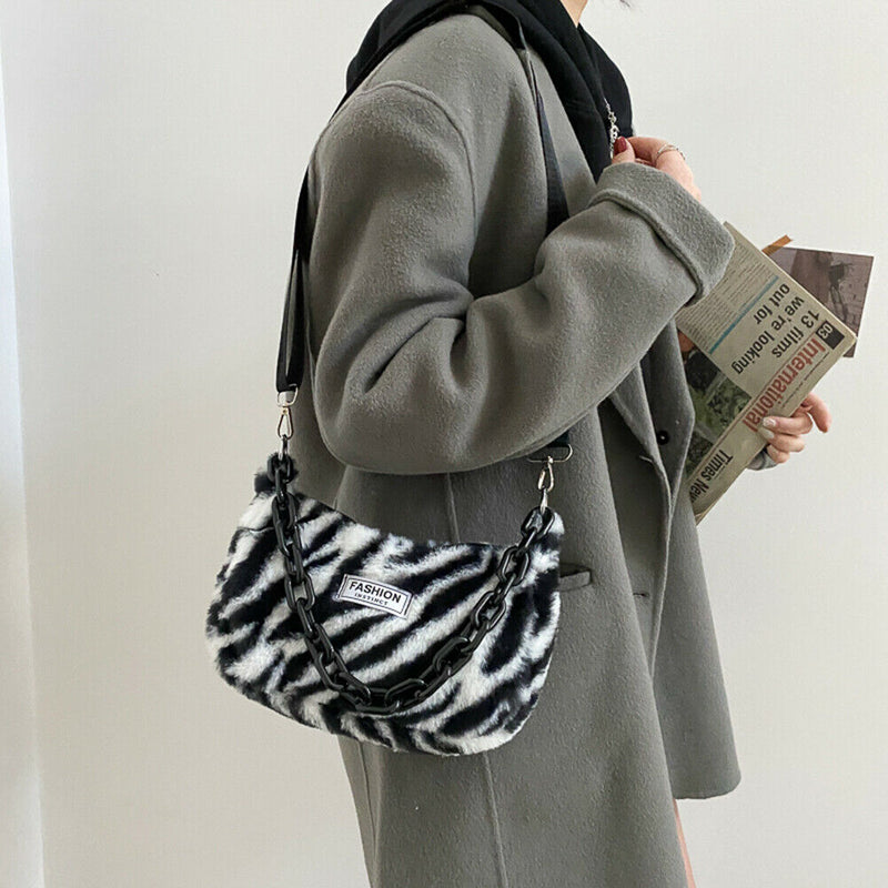 Fashion Zebra Print Shoulder Handbag Women Chain Travel Tote Messenger Bag