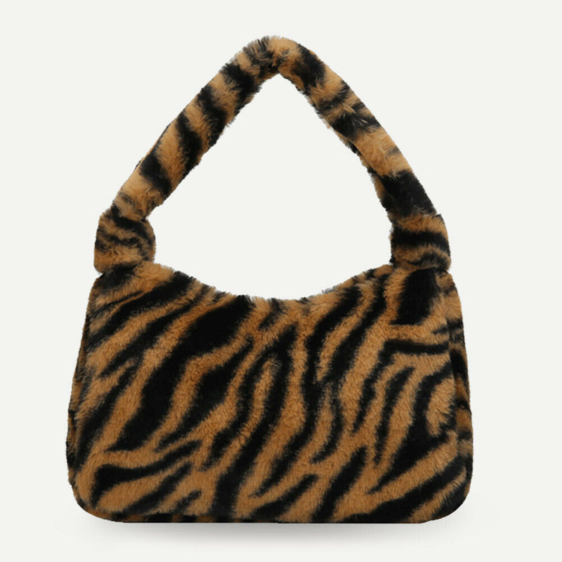 Women Winter Fur Handbag Plush Soft Shoulder Underarm Bag (Brown Zebra)