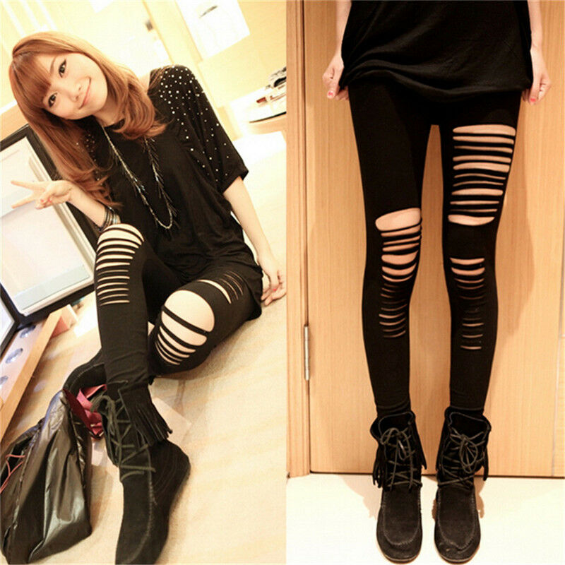Sexy Black Punk Ripped Torn Slashed Cut Striped Leggings Pants Gothic ClubLJ