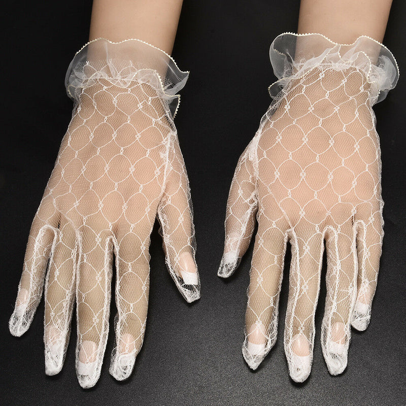 Ladies Gorgeous Wedding bridal ivory white satin Lace Diamonte gloves Hot