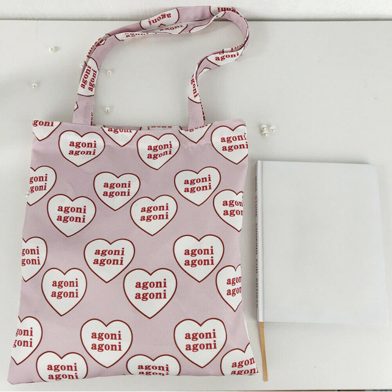 Women Canvas Handbags Tote Heart Letter Reusable Portable Shopping Shoulder Bag
