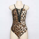 Women Leopard Print Skinny Short Jumpsuit Sleeveless Bodysuit Deep V Lace-U X4K6