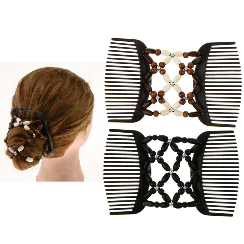 2 Pack Elastic Double Clips Hair Comb  Wooden Beads Stretching