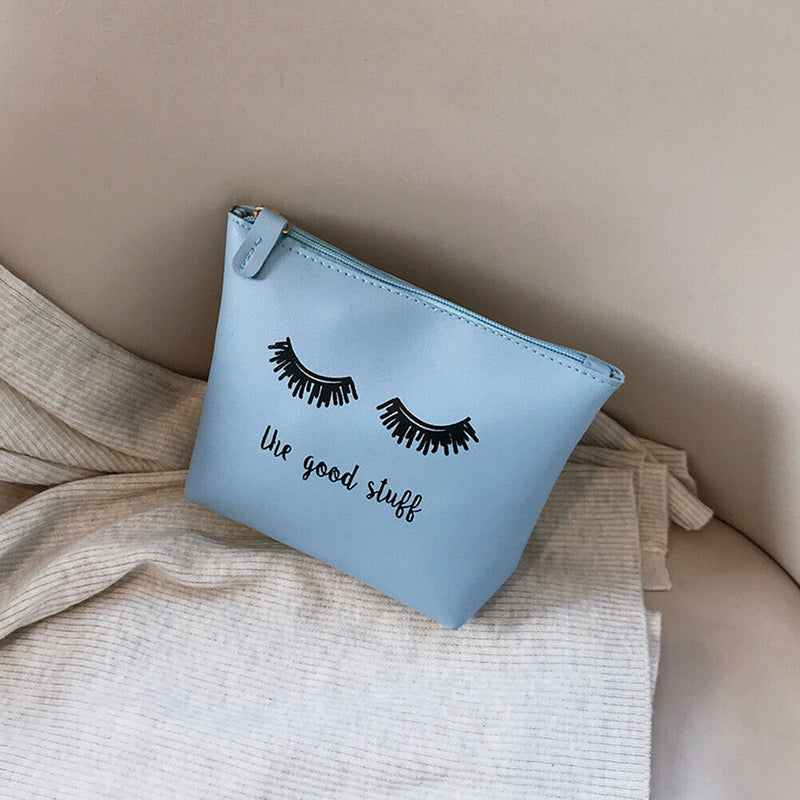 Women Travel Cosmetic Clutch Bag Leather Letter Print Makeup Pouch (Blue) A