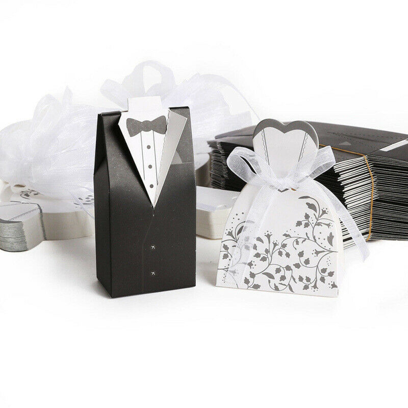 100pcs Wedding Favor Boxes Dress Tuxedo Party Candy Gift Bride Groom Shower ZET
