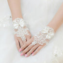 Elegant White Wedding Fingerless  Gloves Lace Applique Short Rhinestone  GGM