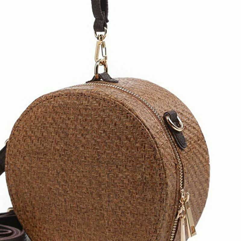 Round Rattan Bag Woven Straw Purse Circle Handmade Wicker Basket Bag A7N5