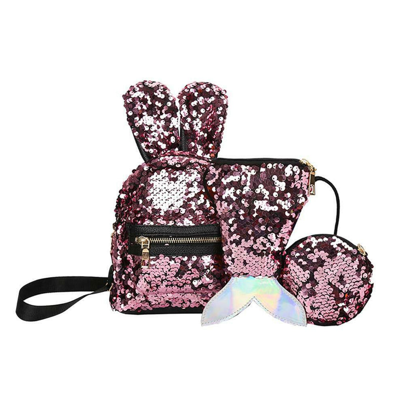 3pcs/set Sequin School Backpack Women Rabbit Ear Rucksack Purse Bags (Pink)