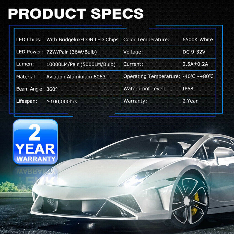 2Pcs H11 Led Headlight Bulbs Automotive Headlamp Conversion Kit Replacement