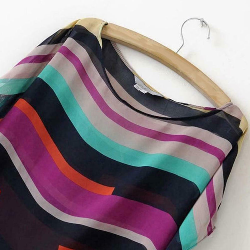 Short Bat Sleeve Stripes Splicing Women Blouse Summer Chiffon Tops (XL)