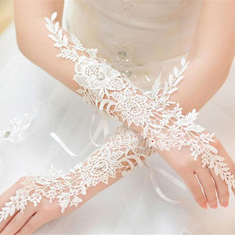 Crystal White Lace Bridal Glove Wedding Party Pageant Long Gloves Fingerless FT