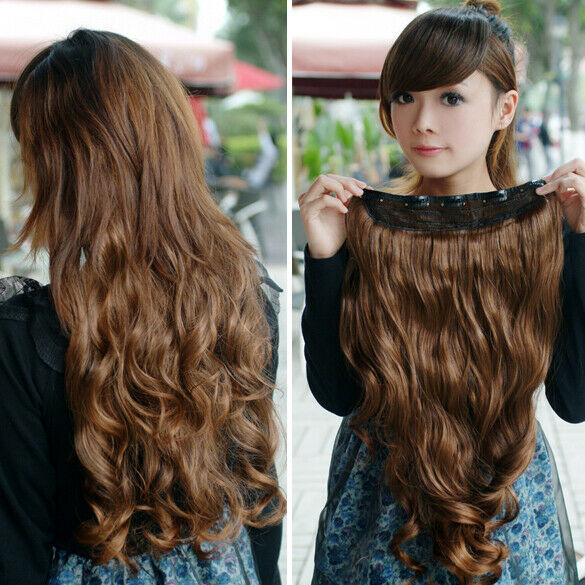 Women New One Piece Clip in Synthetic Human Hair Extensions Long Wavy Curly